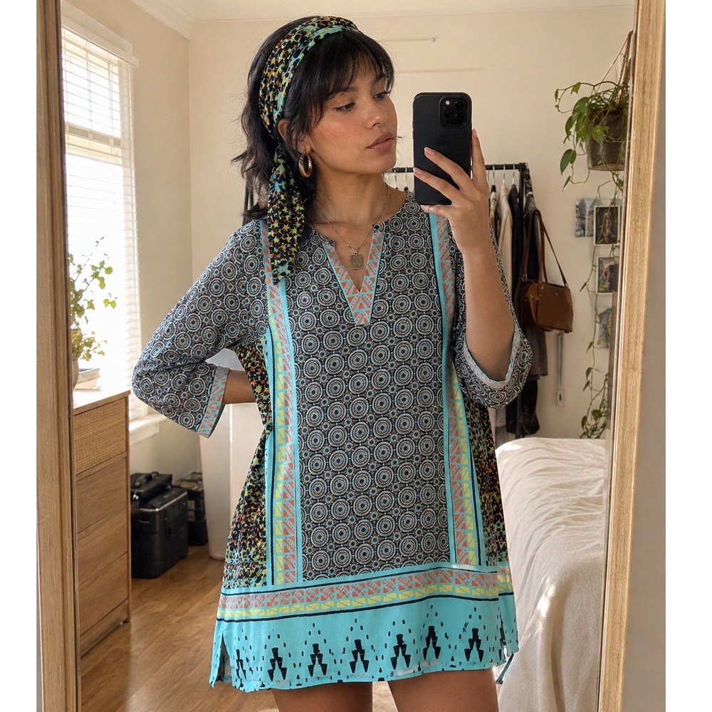 Hale Bob Turquoise Geometric Print Tunic Dress S Split Neck scarf coastal boho